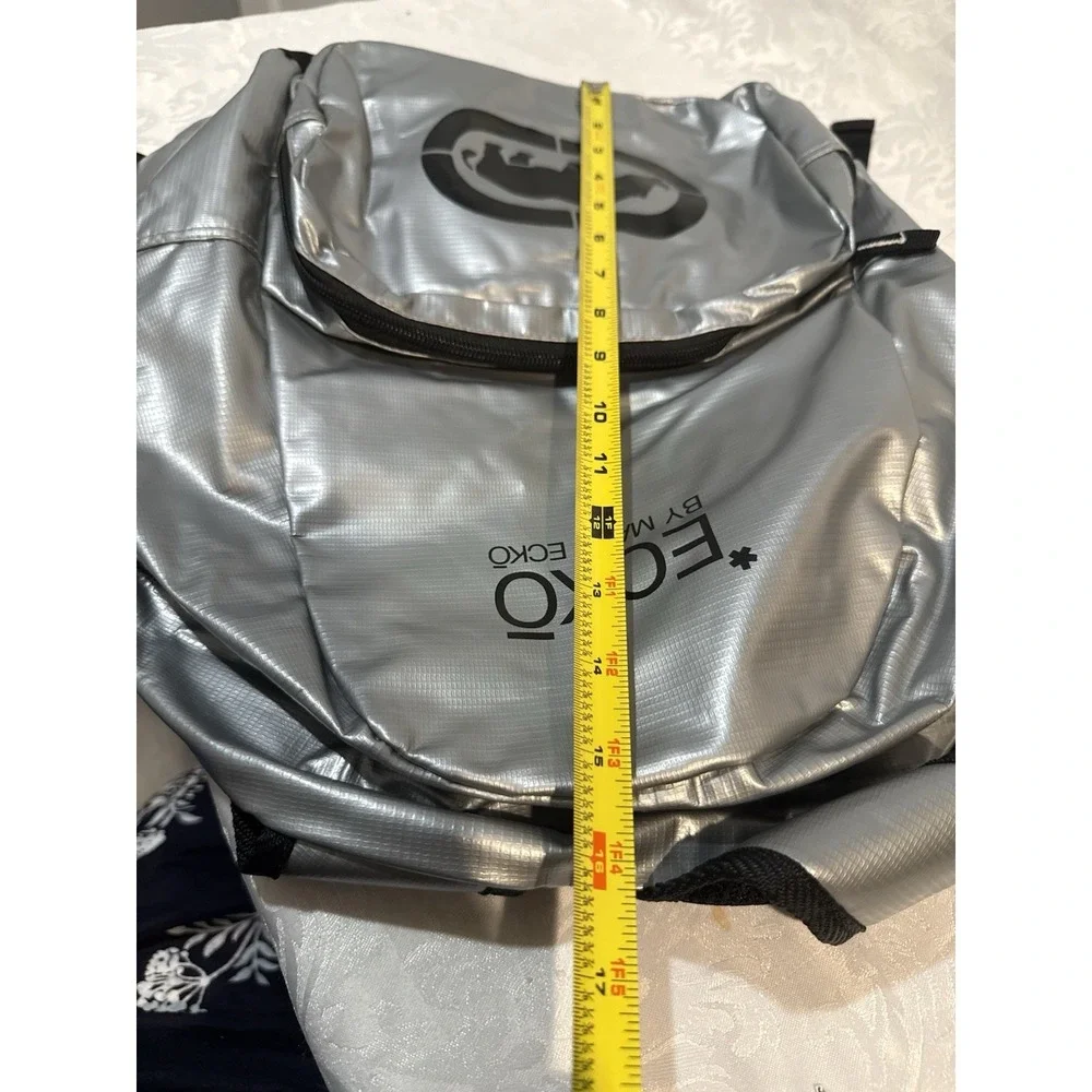 Ecko by Marc Ecko silver metallic backpack iconic black rhino logo front pocket